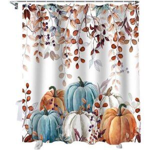 Thanksgiving Shower Curtain, Watercolor Pumpkins & Eucalyptus, 72x72 in w/ Hooks